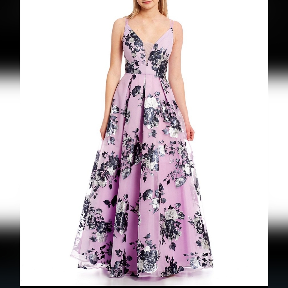 NEW MIDNIGHT DOLL Deep V-Neck Printed Foil Floral Organza Pleated Gown